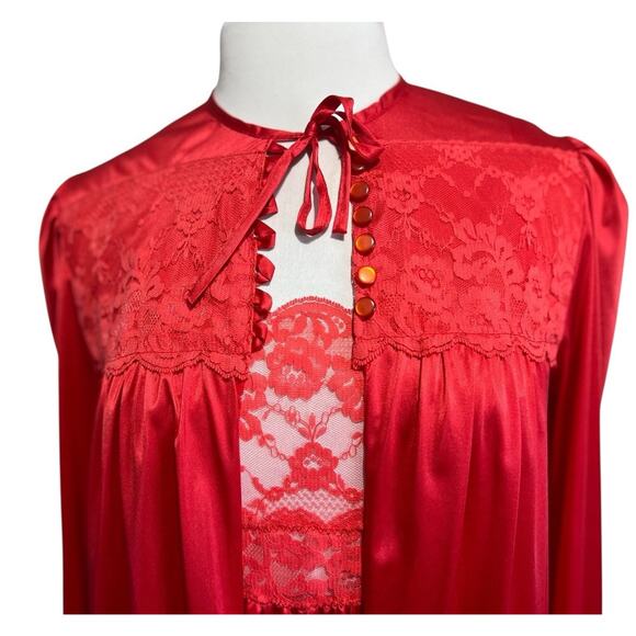 Vintage Custom Made Nightgown Robe Peignoir Set Silky Nylon Red Lace M 34" Bust - Picture 2 of 9